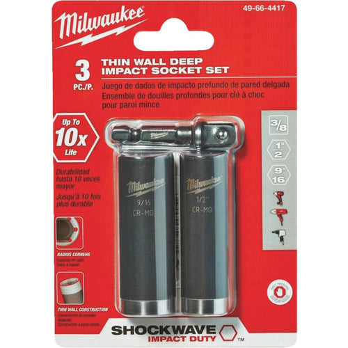 Milwaukee Shockwave Standard 3/8 In. Adapter, 1/2 In. & 9/16 In. Drive 6-Point Thin Wall Deep Impact Driver Set (3-Piece)
